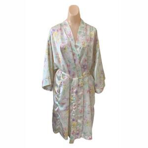 Dentelle Medium Floral Satin Robe Surplus Wrap Around Kimono Style Vintage Pink